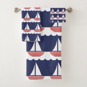 Nautische zeilboot Patroon Marine Blauw en Rood Bad Handdoek