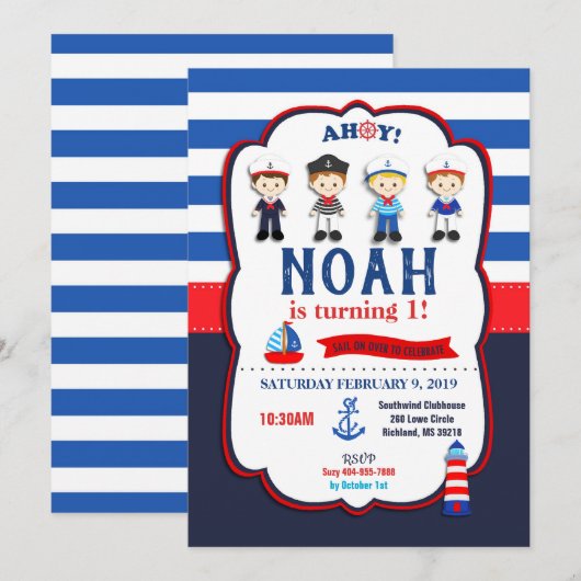 Nautische Zeilers Jongens Uitnodigingen (Voorkant / Achterkant)