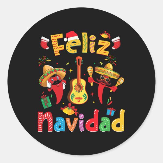Navidad Mexicaanse Fiesta Hot Pepper Gitaar Xmas O Ronde Sticker (Voorkant)
