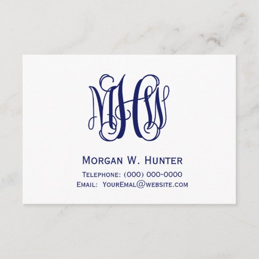 Navy 3 Initiaal Vine Script Monogram DIY BG Informatiekaartje (Voorkant)