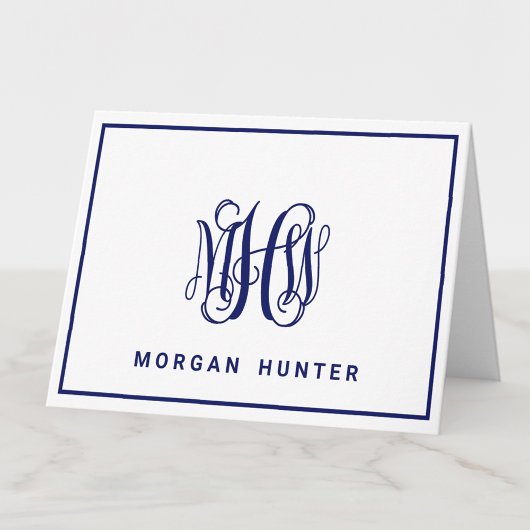 Navy 3 Initiaal Vine Script Monogram DIY BG Notitiekaartje