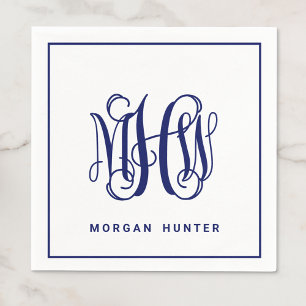 Navy 3 Initiaal Vine Script Monogram DIY BG Servet