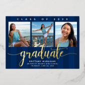 Navy afstuderen 3 foto modern script echt goud folie uitnodiging (Voorkant)