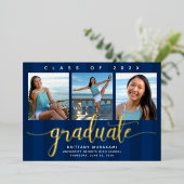 Navy afstuderen 3 foto modern script echt goud folie uitnodiging (Staand Voorkant)