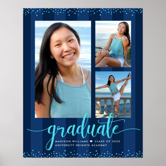 Navy Afstuderen 3 Foto Turquoise Glitter Script Poster (Voorkant)