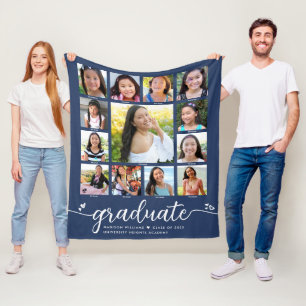 Navy Afstuderen K-12 Modern Script Photo Collage Fleece Deken