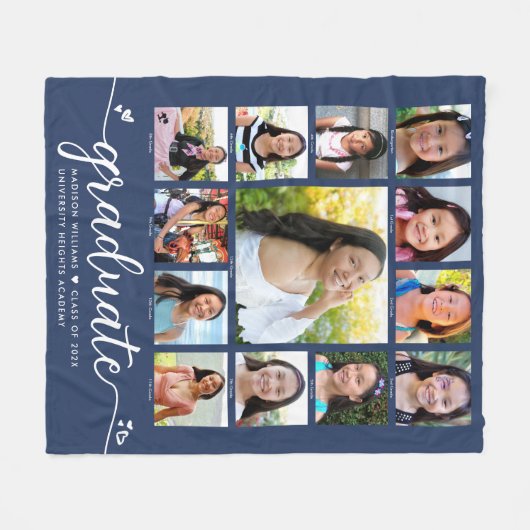Navy Afstuderen K-12 Modern Script Photo Collage Fleece Deken (Voorkant (Horizontaal))