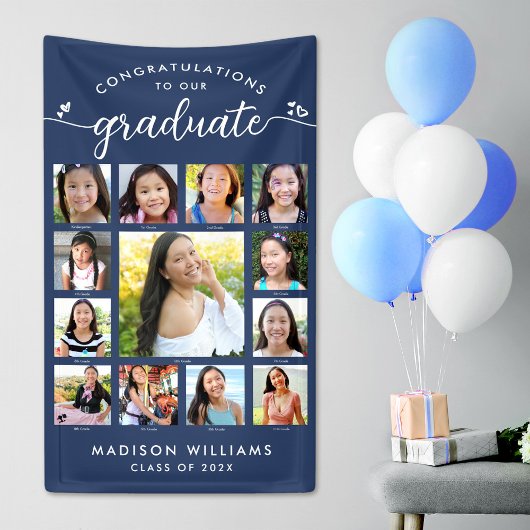 Navy Afstuderen K-12 Modern Script Photo Collage Spandoek