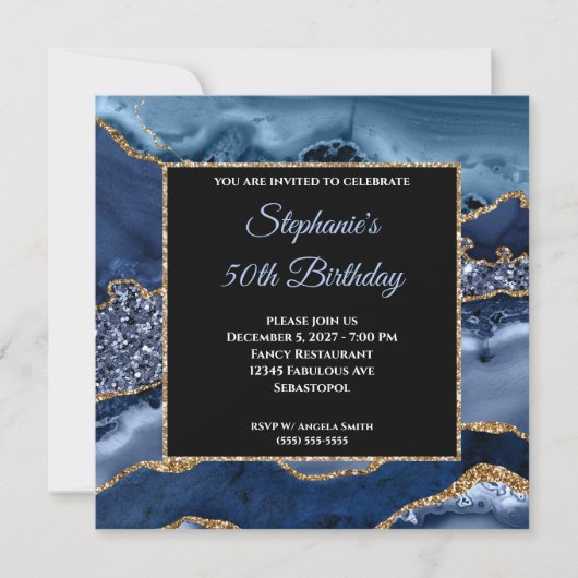 Navy Agate Gold Glitter Glam 50th Birthday Kaart (Voorkant)