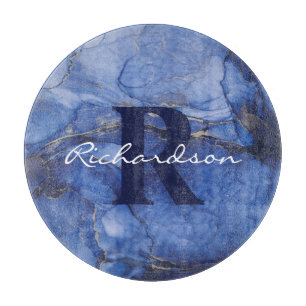 Navy Agate Monogram en naam Marble Luxury Snijplank