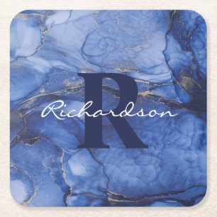 Navy Agate Monogram en naam Marble Luxury Vierkante Kartonnen Onderzetter