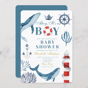 Navy Ahoy Het is een jongen Sailor Whale Zee Baby  Kaart