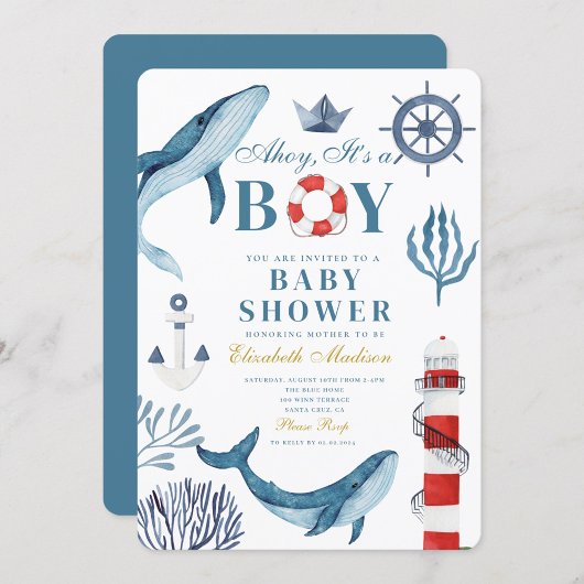 Navy Ahoy Het is een jongen Sailor Whale Zee Baby  Kaart