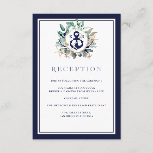 Navy Anchor Elegant Greenery Wreath Reception Informatiekaartje (Voorkant)