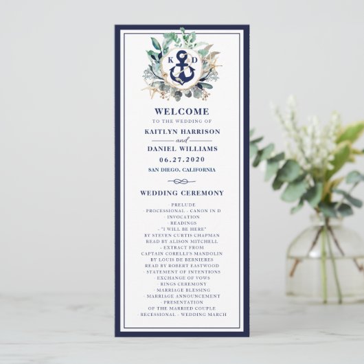Navy Anchor Monogram Greenery Wreath Wedding Programma (Staand voorkant)