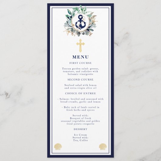 Navy Anchor Nautical Greenery Wreath Cross Baptism Menu (Voorkant)