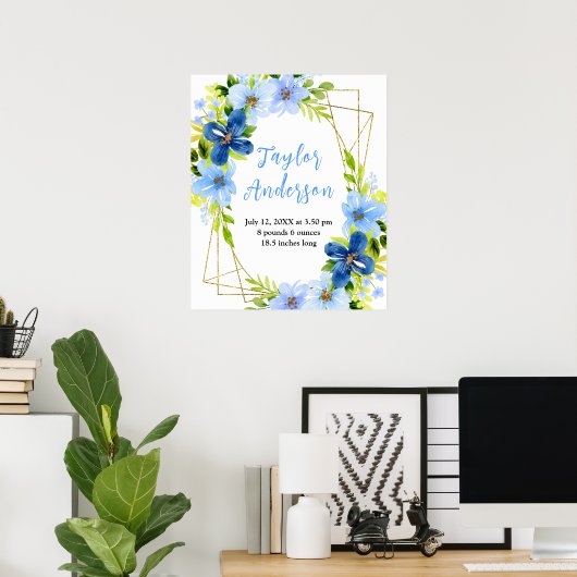 Navy and Baby Blue Floral Baby Birth Stats Poster (Thuiskantoor)