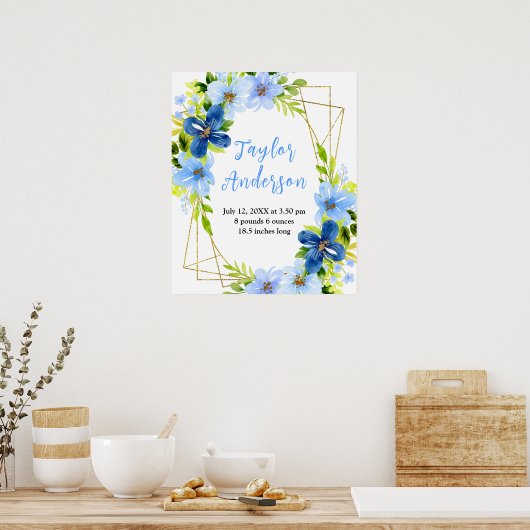 Navy and Baby Blue Floral Baby Birth Stats Poster (Keuken)