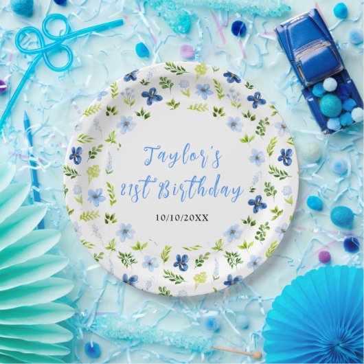 Navy and Baby Blue Floral Birthday Papieren Bordje (Feest)