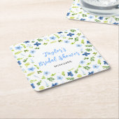 Navy and Baby Blue Floral Bridal Shower Vierkante Kartonnen Onderzetter (Schuin)