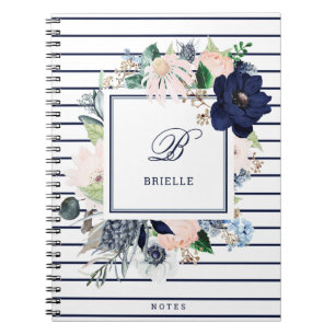 Navy and Blush Floral Stripe   Naam en monogram Notitieboek