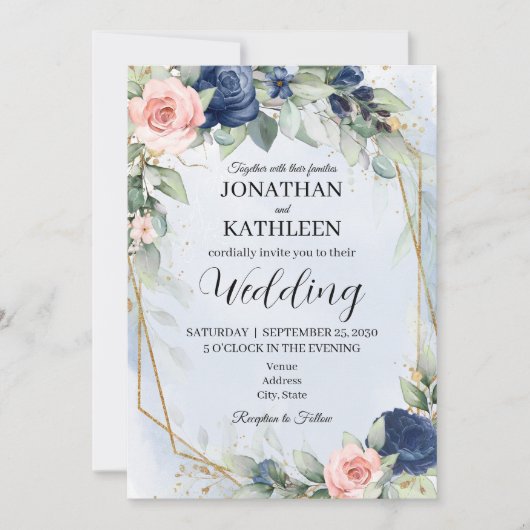Navy and Blush Floral Wedding Invitation (Devant)