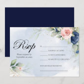 Navy and Blush Floral Wedding RSVP Kaart (Voorkant / Achterkant)