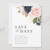 Navy and Blush Florial Bewaar de datumkaart Kaart (Voorkant)