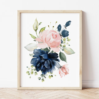 Navy and Blush Waterverf Flowers, Girl Nursery Poster