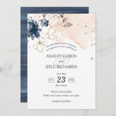 Navy and Blush with Hand Drawn Flowers Wedding Kaart (Voorkant / Achterkant)