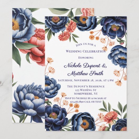 Navy and Burnt Orange Floral Wedding Celebration Kaart (Voorkant / Achterkant)
