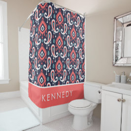 Navy and Coral Ikat Paisley Monogram Douchegordijn