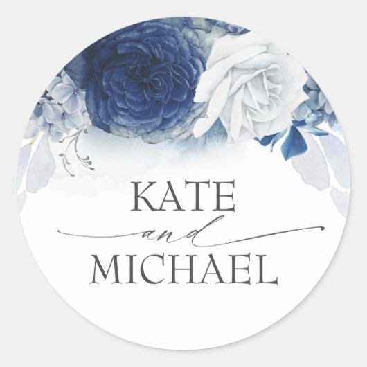 Navy and Dusty Blue Floral Wedding Ronde Sticker (Voorkant)