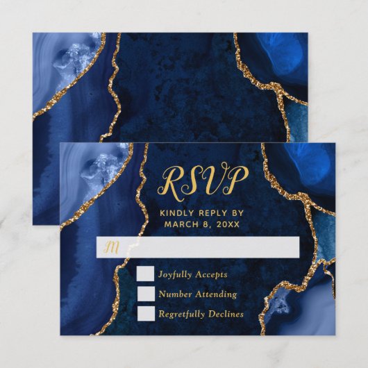 Navy and Gold Agate Marble RSVP (Devant / Derrière)