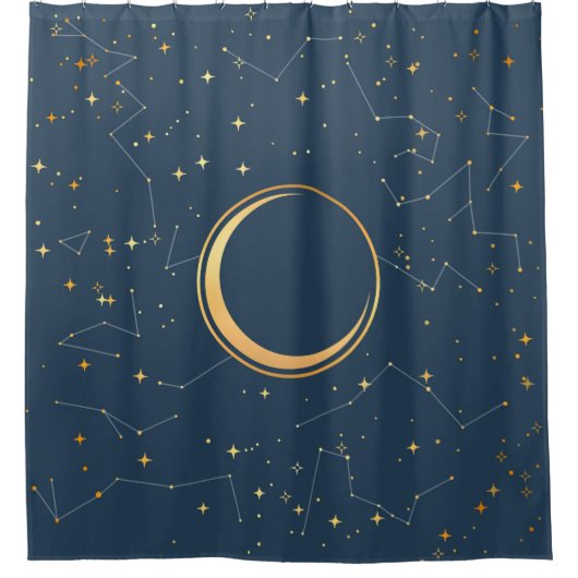 Navy and Gold Crescent Moon Eclipse Constellations Douchegordijn (Voorkant)