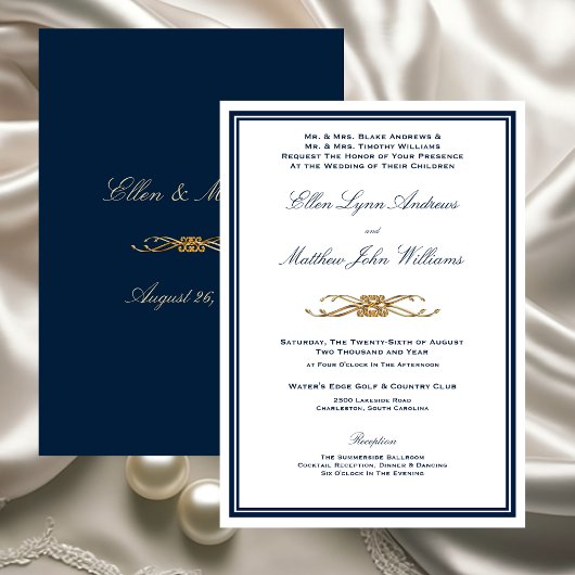 Navy and Gold Elegant Formal Wedding Kaart
