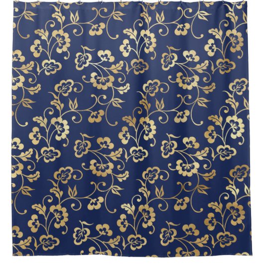 Navy and Gold Floral Pattern Douchegordijn (Voorkant)