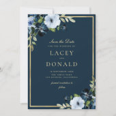 Navy and gold floral Save the Date Kaart (Voorkant)