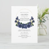 Navy and Gold Floral Wedding Kaart (Staand voorkant)