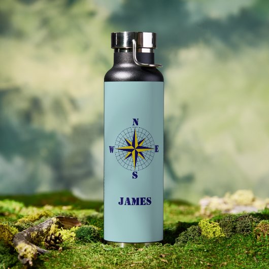Navy and Gold Nautical Compass Roos met naam Waterfles (Buiten)