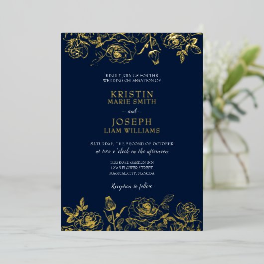 Navy and Gold Roos Garden Folie Invitation Folie Uitnodiging (Staand Voorkant)
