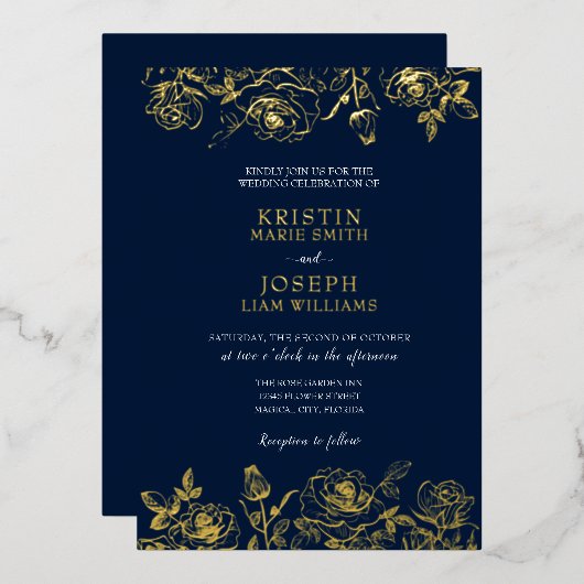 Navy and Gold Roos Garden Folie Invitation Folie Uitnodiging (Voorkant / Achterkant)