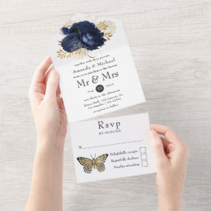 Navy and Gold  Shabby Rozen Wedding All In One Uitnodiging