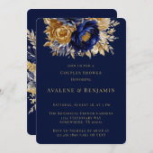 Navy and Gold Waterverf Peony Couples Douche Kaart (Voorkant / Achterkant)