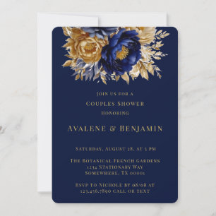 Navy and Gold Waterverf Peony Couples Douche Kaart
