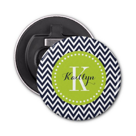 Navy and Green Chevron Monogram Button Flesopener (Voorkant)