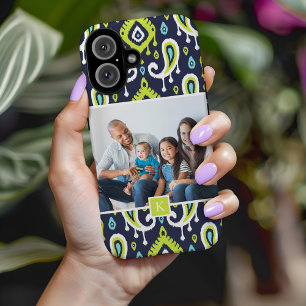 Navy and Green Ikat Paisley Custom Photo Monogram iPhone 16 Hoesje
