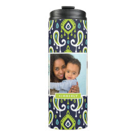 Navy and Green Ikat Paisley Custom Photo Monogram Thermosbeker