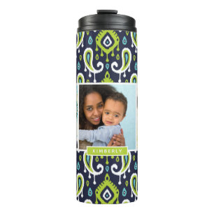 Navy and Green Ikat Paisley Custom Photo Monogram Thermosbeker