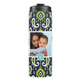 Navy and Green Ikat Paisley Custom Photo Monogram Thermosbeker